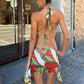 Peach Butt Colorful Print Dress Women Tassel Ruffles Halter Bandage v-Neck Backless Patchwork Mesh Sexy Midnight Bodycon