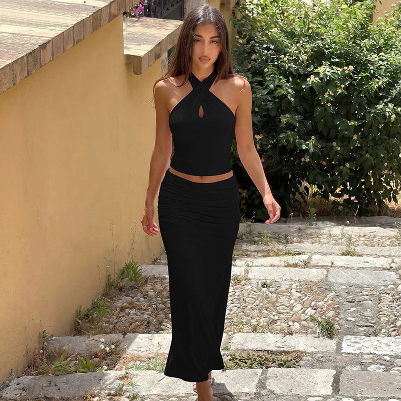 Two Piece Set Pink Halterneck Top and Matching Ruched Maxi Skirt Set Sexy Womens Outfit