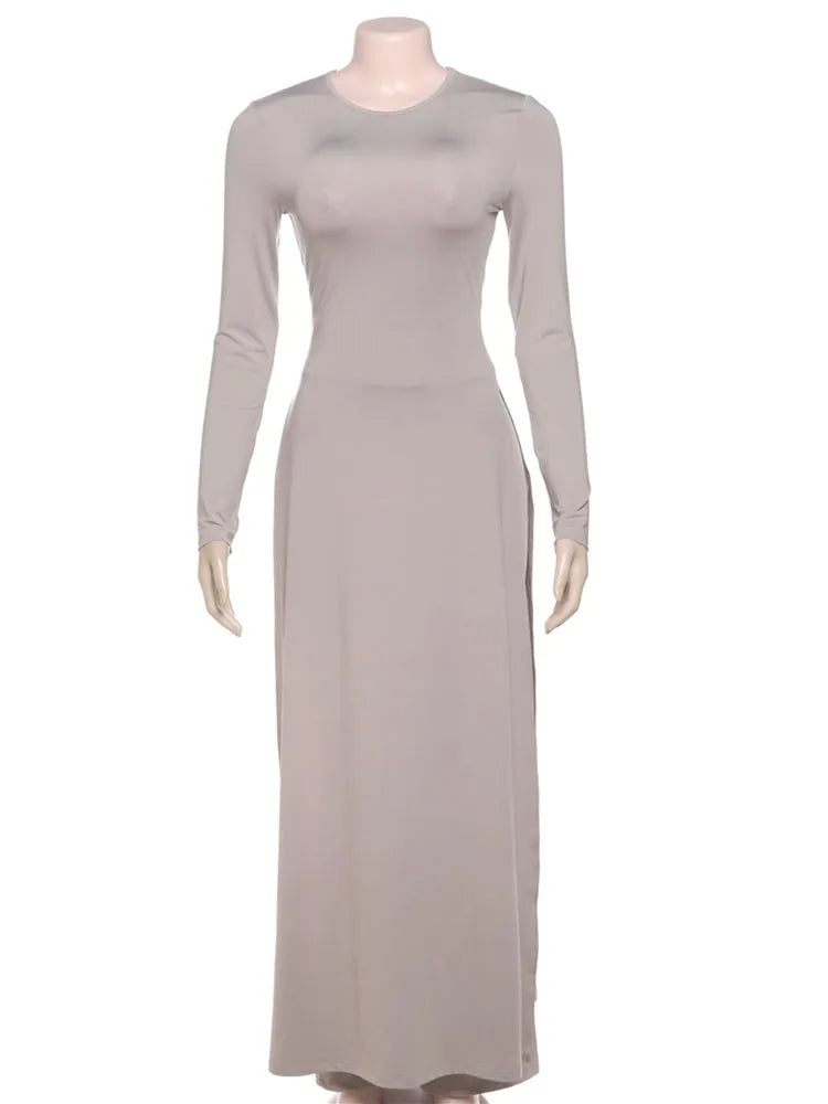 Casual Elegant 2 Piece Set Women o-Neck Skinny High Splits Maxi Dress+Solid Straight Pants Daily Simple Fashion Suit