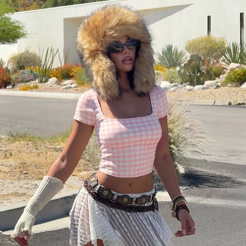 Pink Plaid Print T Shirts Y2k Clothes Woman Summer Square Neck Short Sleeve Crop Tops