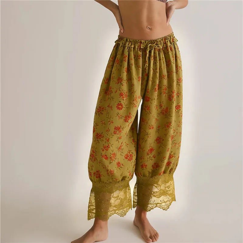 Bohemian Floral Print Lace Trim Cropped Bloomers High Waist Drawstring Loose Casual Pants for Women Loungewear Sleepwear