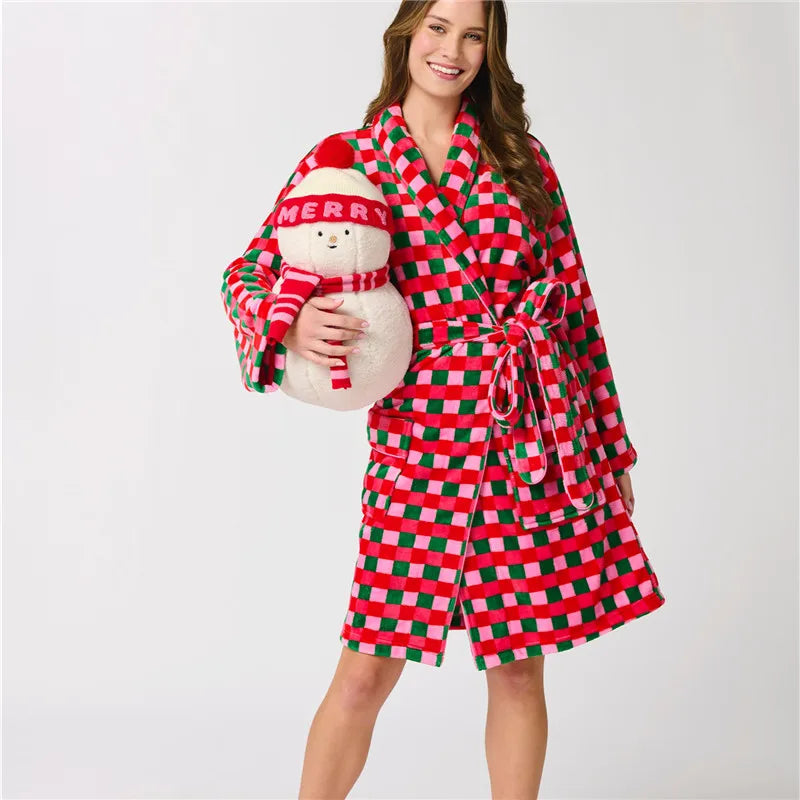 Women Christmas Shawl Robe Plush Bathrobe with Pockets Knee Length Nightgown Sleepwear Xmas Robes Loungewear