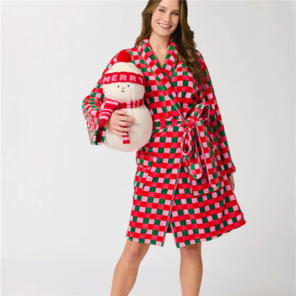 Women Christmas Shawl Robe Plush Bathrobe with Pockets Knee Length Nightgown Sleepwear Xmas Robes Loungewear