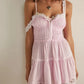 Women Spaghetti Strap Babydoll Dress Lace Trim V Neck Tiered Ruffle Hem Backless Smocked Flowy Mini Dress Vacation Beach