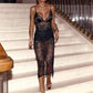 Spaghetti Strap Backless Sexy Maxi Dress Women Lace Satin Patchwork See Through Ruched Skinny Club Party Long Dresses