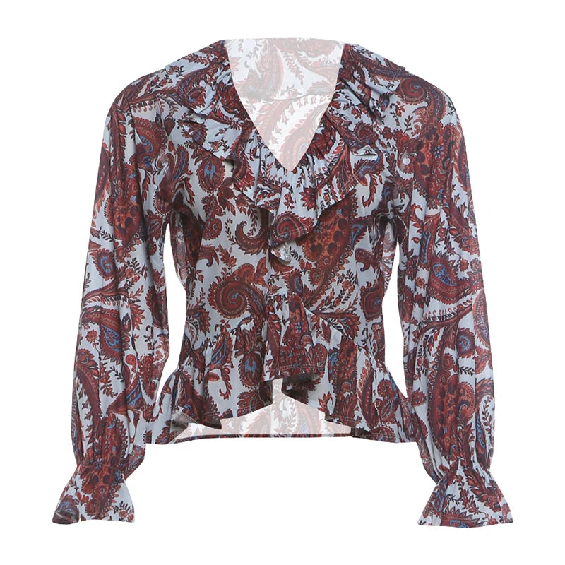 Asymmetrical Hem Art Print t-Shirt Women Ruffles v-Neck Flare Sleeve Autumn Fashion Music Festival Chic Daily Streetwear