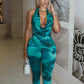 Metal Decoration Playsuits Women Halter Backless Swing Collar Sleeveless Folds Skinny Sexy Hottie Midnight Outfits