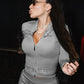 Sporty Style Rhinestone 2 Piece Set Woman Zip Stand Collar Cardigan Jacket+Elastic Waist Flare Pants Fashion Streetwear