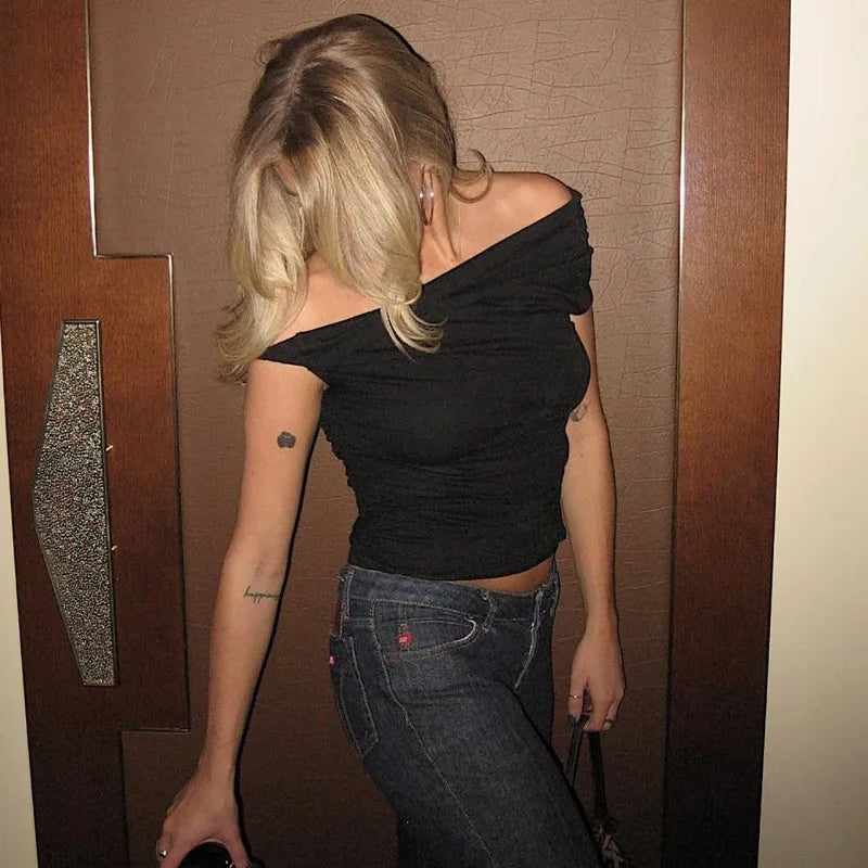 Twisted One Shoulder Asymmetrical Crop Tops Summer 2025 Fashion Sexy Black T Shirts Woman Clothing