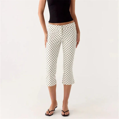 Women's Spring Summer Capri Pants Casual Low Waist Solid Color/Dot Print Slim Fit Cropped Trousers Fashion Streetwear