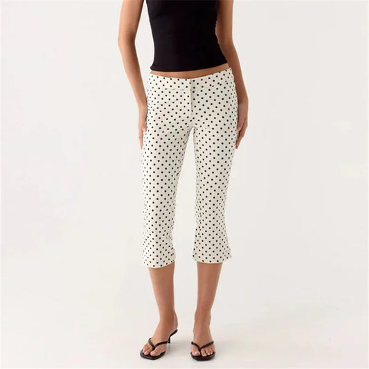 Women's Spring Summer Capri Pants Casual Low Waist Solid Color/Dot Print Slim Fit Cropped Trousers Fashion Streetwear