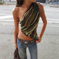 Abstract Print Tank Tops Y2k Tees Summer Clothing for Women Trendy Sexy Asymmetric One Shoulder Crop Top