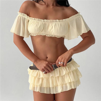 Women's Y2K 2 Piece Set Ruffled Off the Shoulder Crop Top and Tiered Mini Skirt Casual Summer Outfit for Beach Vacation