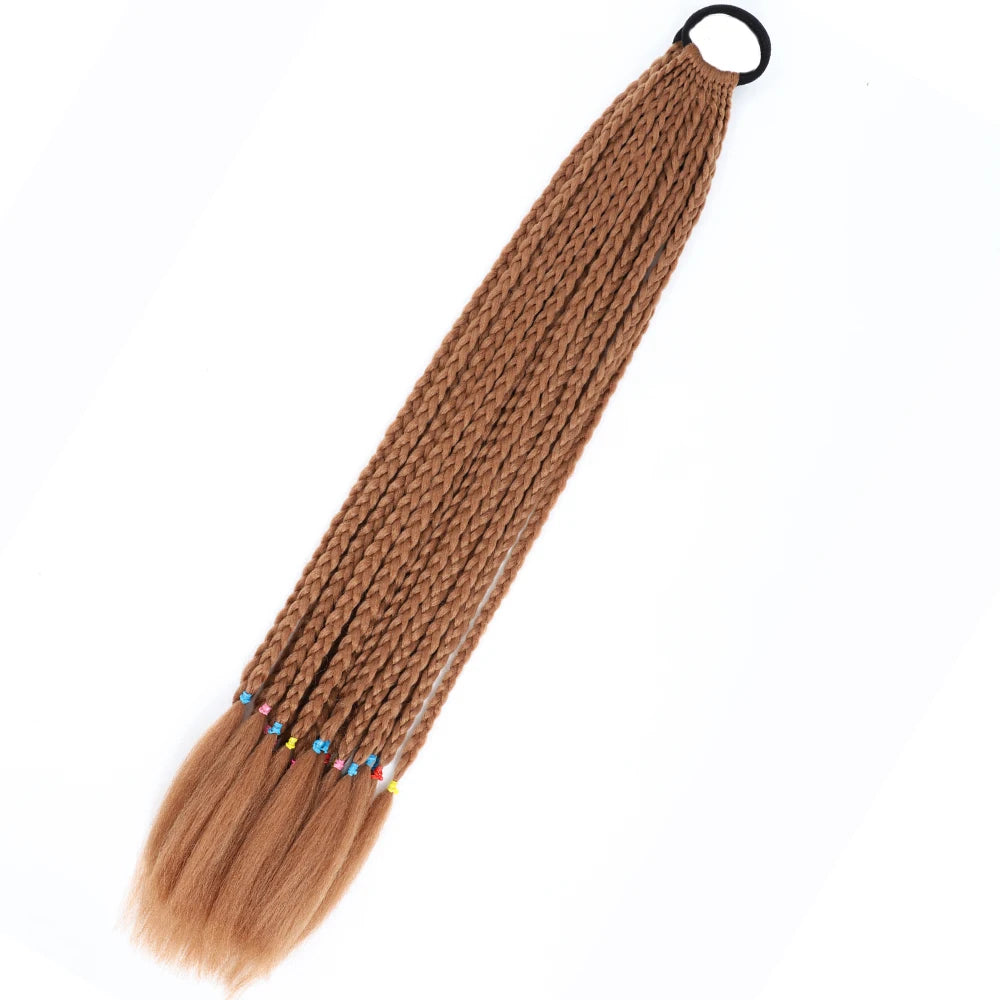 Synthetic 24inch Girls Colored Box Braided Ponytail With Elastic Rubber Band Hair Extensions Rainbow Color Box Pigtail Hairpiece