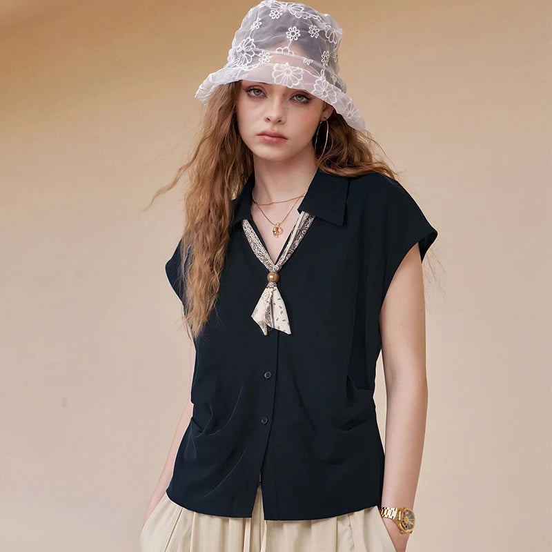 Sleeveless Button-Up Shirt with Scarf Tie, Slim Fit Office Blouse, Elegant Solid Color Workwear Top for Women
