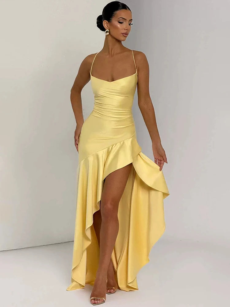 Satin Spaghetti Strap Ruffle Sexy Maxi Dress Women Off-shoulder Sleeveless Backless Thigh High Split Club Party Dress