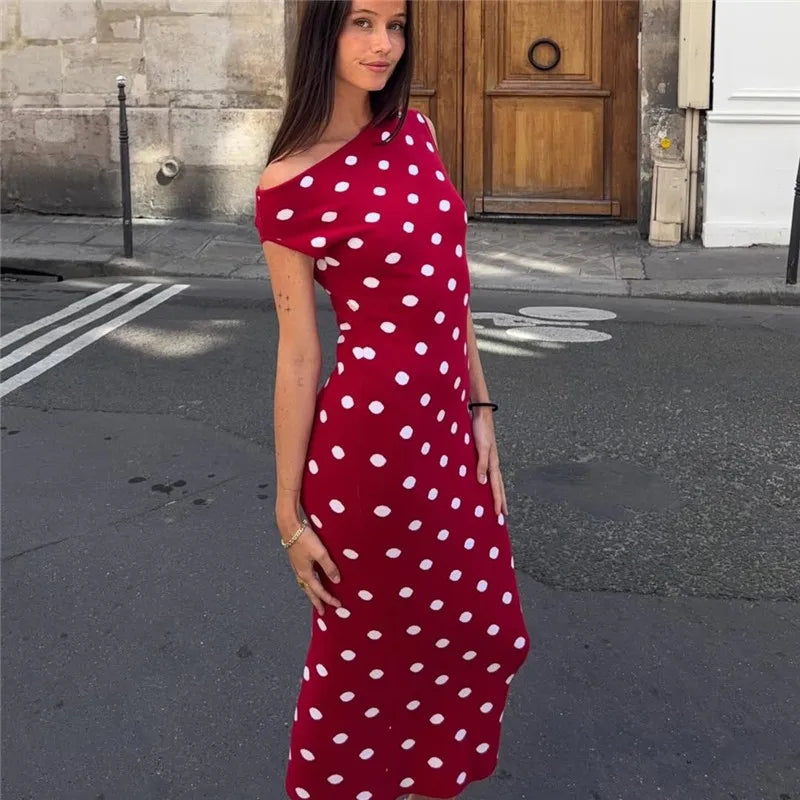Sexy Women Red Polka Dot Off Shoulder Bodycon Midi Dress Elegant Sleeveless Knit Slim Fit Party Evening Summer Dress