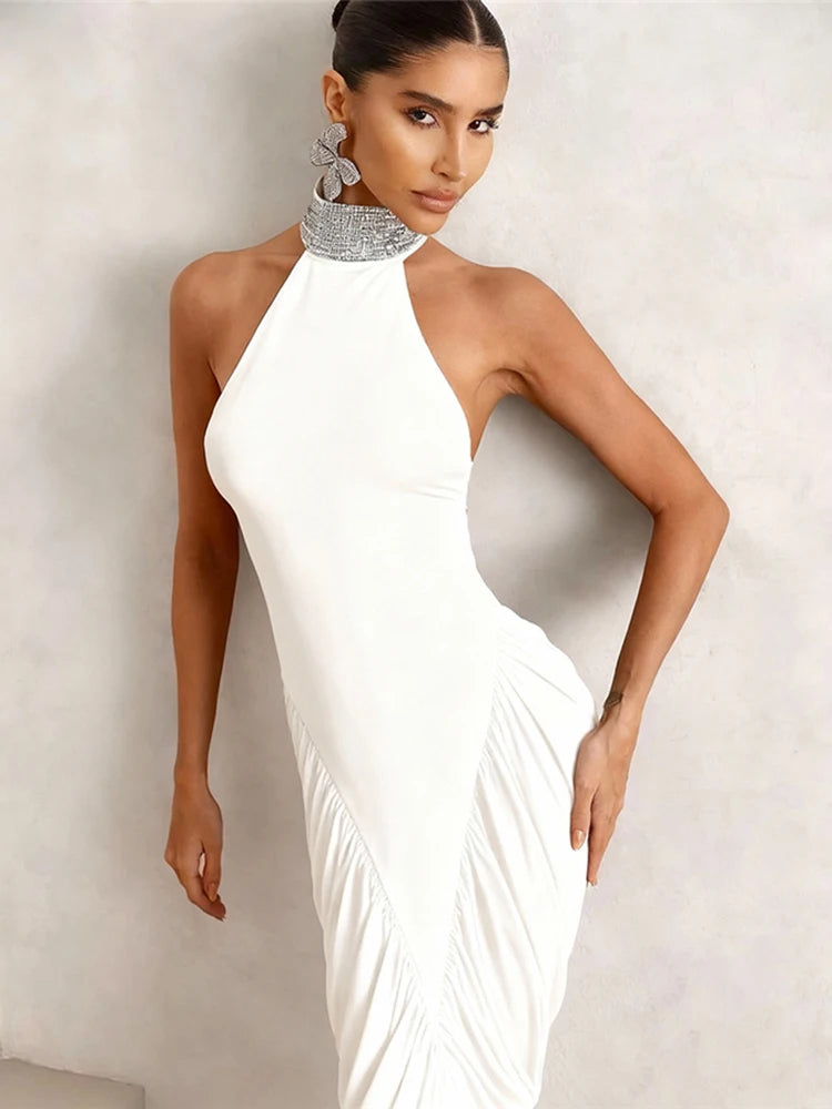 Button Stripe Turtleneck Maxi Dress Women Backless Folds High Split Sleeveless Elegant Fashion Banquet Chic Vestidos