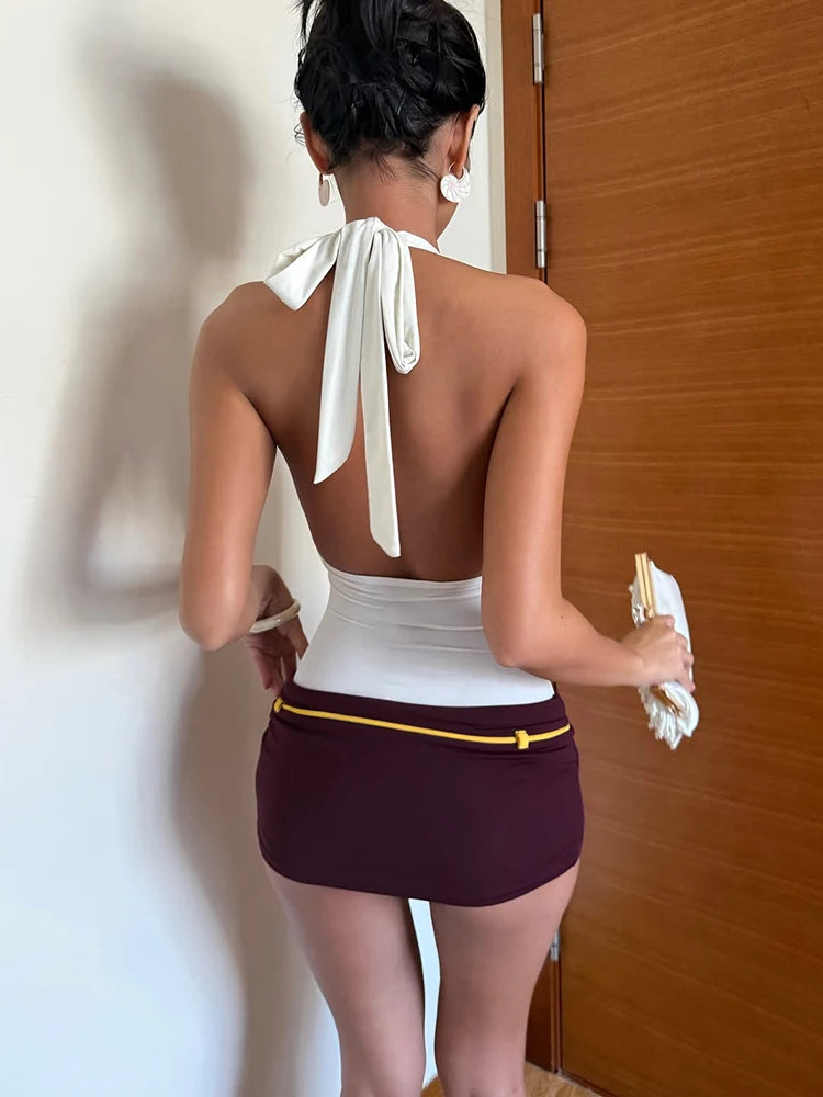 Street Mini Dress Woman Contrast Patchwork Bandage Halter Low-Neck Backless Skinny Peach Hip Y2K Elegant Style Bodycon
