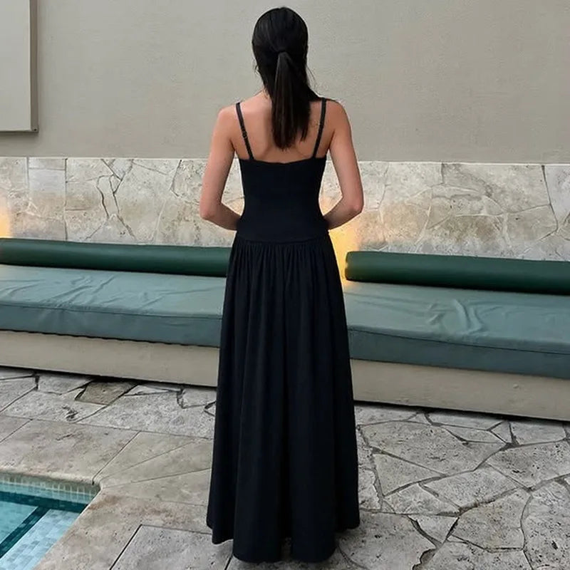 Sleeveless Backless Pleated Maxi Dress Blue Black French Style Elegant Dresses for Woman for Party