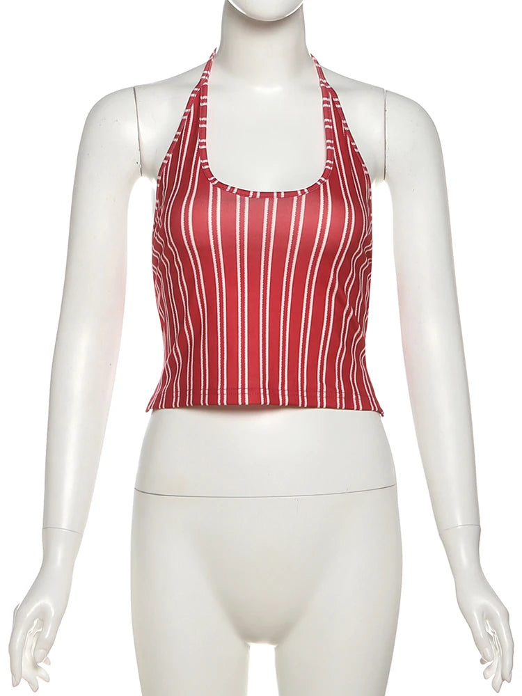 Stripe Print 2-Piece Set Women Halter Bandage Backless Crop Top+Patchwork Lace Tierred Skirt Beach Vacation Outfits