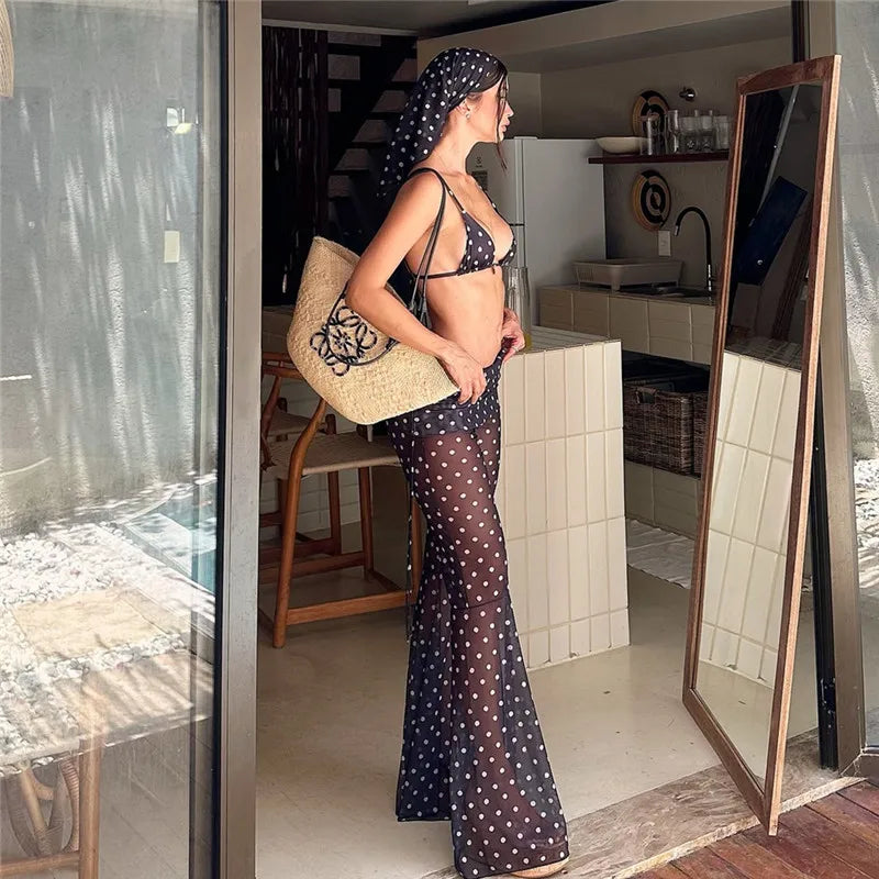 Womens 4 Piece Polka Dot Bikini Set Sheer Mesh Flare Pants Headband Triangle Swimsuit Beach Cover Up for Summer Vacation