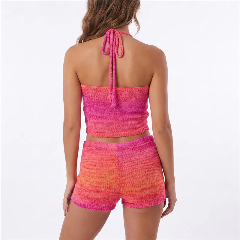Gradient Knit Halter Crop Top Scallop Shorts 2 Piece Set Women Summer Beach Casual Y2K Vacation Matching Outfit