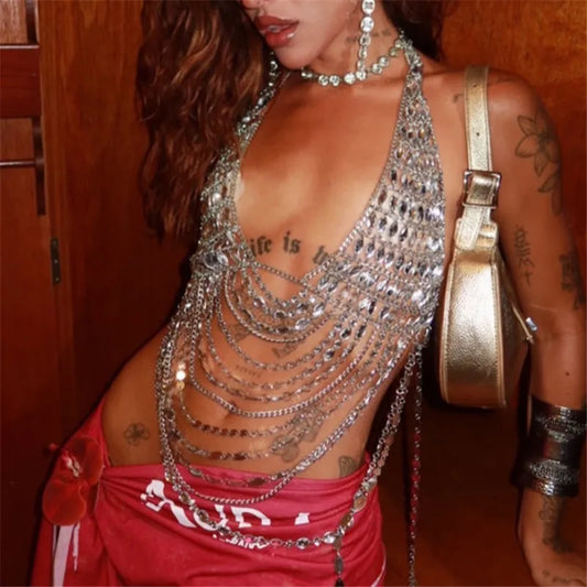 Sparkly Rhinestone Body Top Sexy Women Halter Deep V Multi Tassel Chain Harness Crystal Shimmer Rave Party Club Outfit