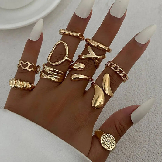 11Pcs/Set Classic Glossy Water Drop Open Rings for Women New Trend Vintage Irregular Finger Rings Daily Jewelry Gift