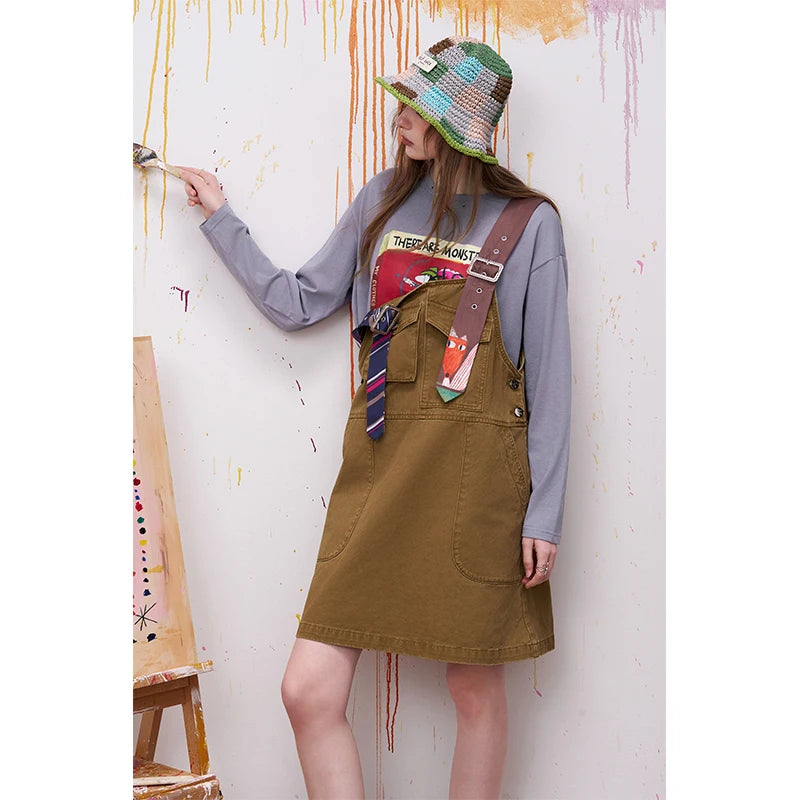 Khaki Cartoon Cat Print Long Sleeve T-Shirt for Women