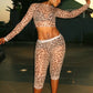Sexy Leopard Print 2Piece Set Women See Through Long Sleeve Coquette Crop Top+Bike Shorts Stretch Matching Streetwear