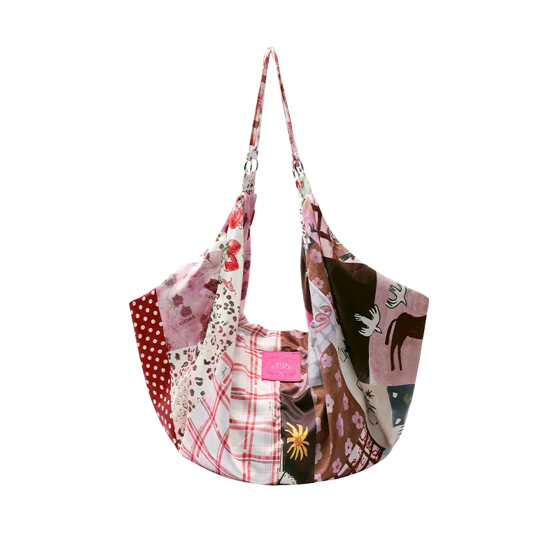 Women's Patchwork Mixed Print Canvas Shoulder Tote Bag with Adjustable Strap, Multi Pattern Large Casual Shopper Bag