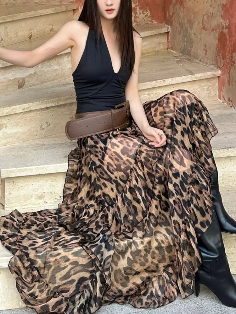 Ruched Tierred Long Skirts Women Leopard Print High Waist Stretch Bottoms Spicy Girls Fashion Trend Wild Streetwear