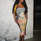 Sexy Colorful Print Dress Women Fashion Square Collar Sleeveless Hottie Trend Chic Midnight Street Club Party Bodycon