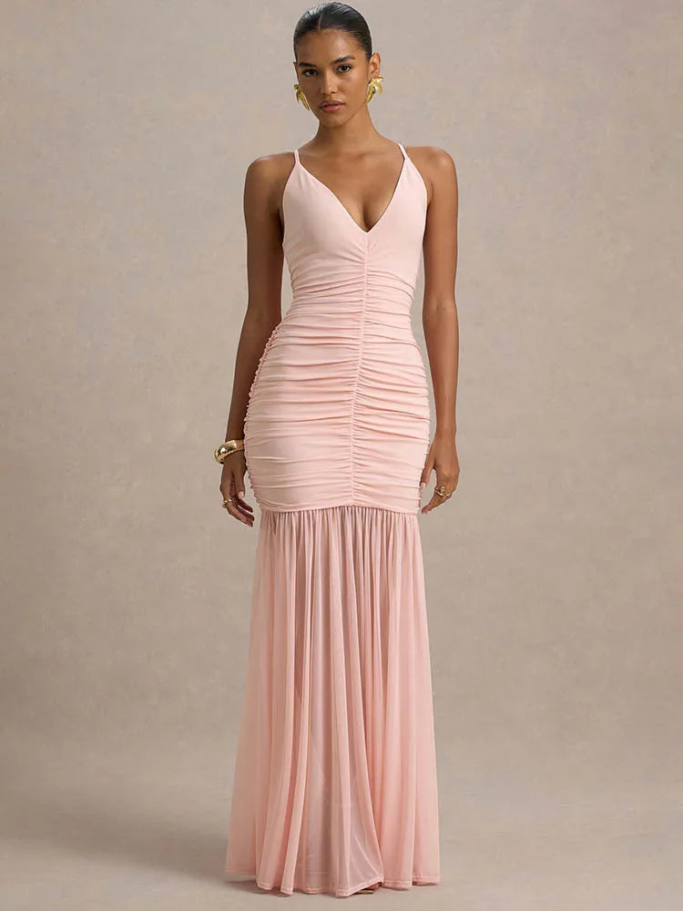 Spaghetti Strap Backless Sexy Maxi Dress Women Gown Fashion Patchwork Off-shoulder V Neck Ruched Pleated Party Dress