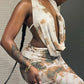 Backless Print Halter 2Peice Set Woman Summer Swinging-Collar Bandage Tank+Mesh Ruffles Tie-Dye Skirt Matching Suit