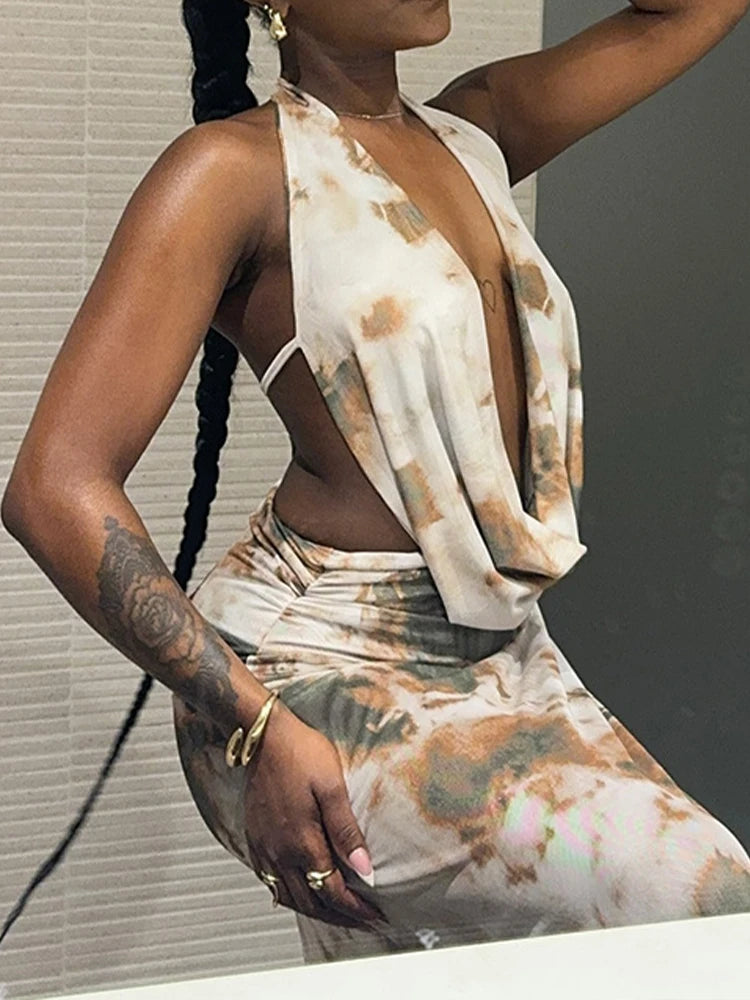 Backless Print Halter 2Peice Set Woman Summer Swinging-Collar Bandage Tank+Mesh Ruffles Tie-Dye Skirt Matching Suit