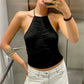 Women's Summer Cold Shoulder Vest Sleeveless Solid Color Tassel Cross Back Tank Tops Sexy Ladies Party Clubwear