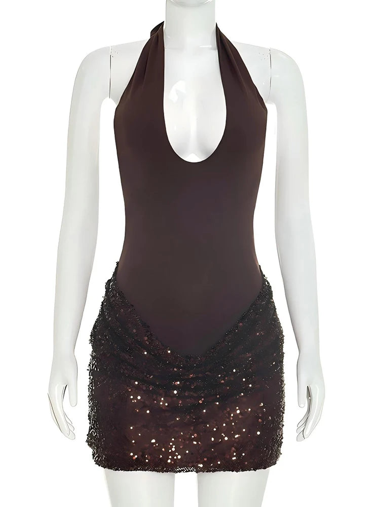 Halter Cutout Sexy Mini Dress Women Elegant Spliced Sequin Ruched Waist Bodycon Cocktail Club Evening Party Dress