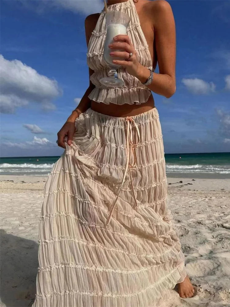 Sexy Women 2 Piece Set Beach Thin Patchwork Stripe Backless Camisole+Long Skirts Hipster Vacation Matching Clubwear