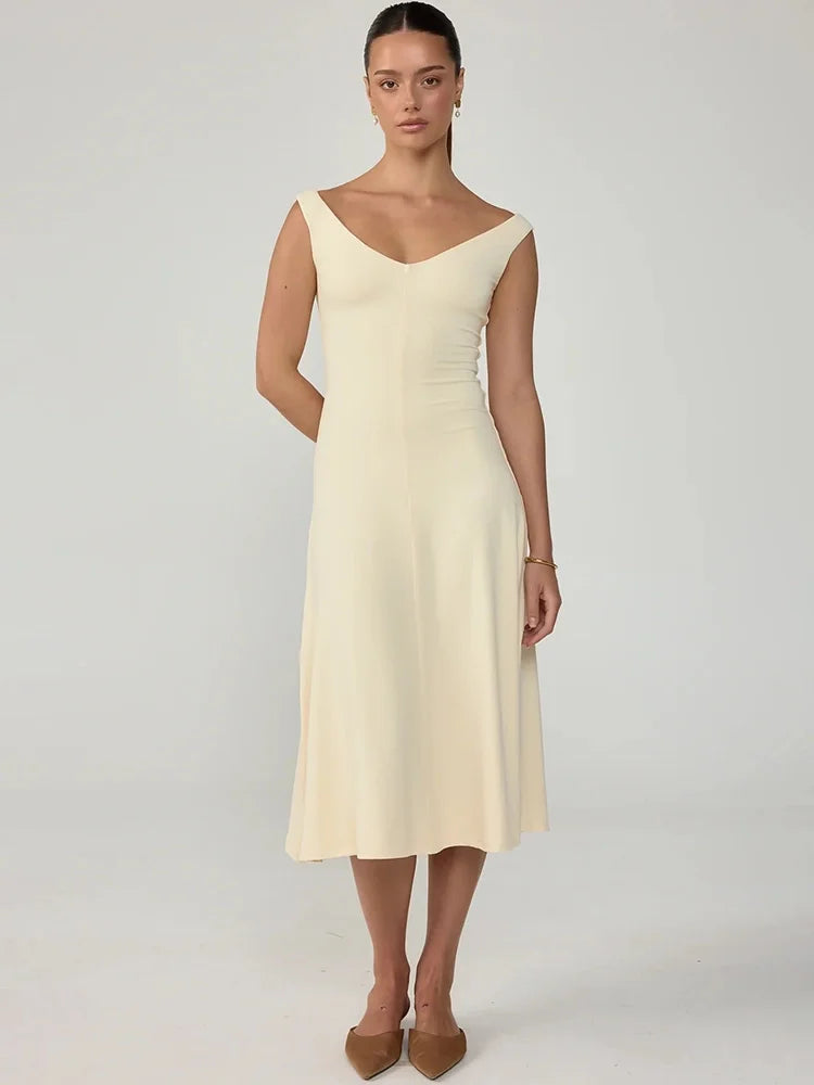Women V Neck Cap Sleeve Sexy Midi Dress Solid Slim Fit Flared A Line Dress Elegant Wedding Guest Party Casual Dress