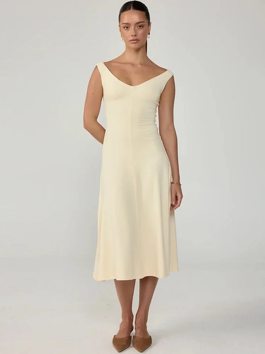 Women V Neck Cap Sleeve Sexy Midi Dress Solid Slim Fit Flared A Line Dress Elegant Wedding Guest Party Casual Dress