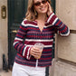 Women Round Neck Striped Ribbed Knit Sweater Flare Sleeve Button Front Slim Fit Cropped Cardigan Street Casual Outerwear