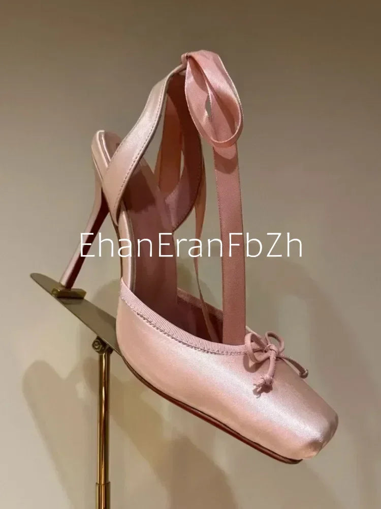 2026 Women's New Summer Square Satin High Heel Sandals with Ankle Strap, Fashionable Party and Banquet Ballet High Heels