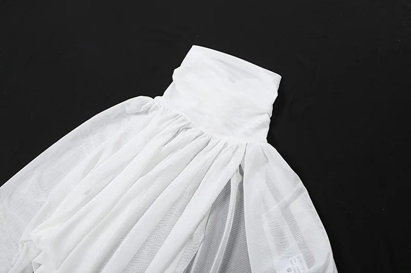 White Mesh Sheer 2 Piece Set Turtleneck Flared Sleeve Top Split Skirt Sexy Outfits Women's Matching Sets