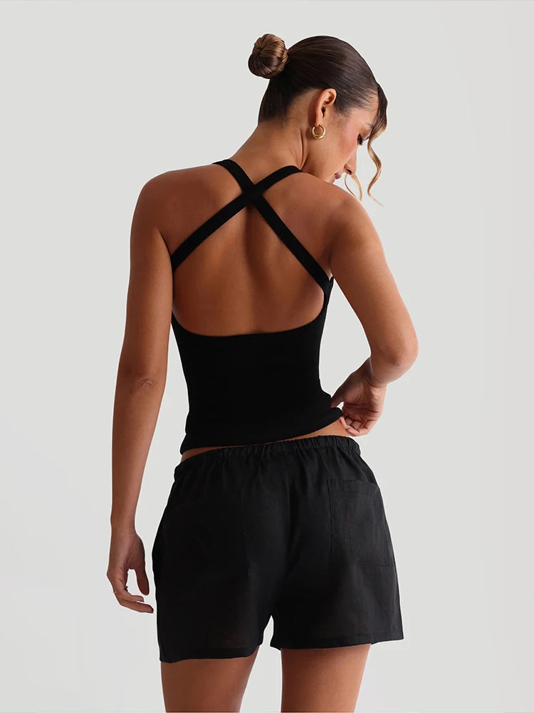Sexy Classic Camisole Women Cross Bandage Backless Simple Wild Stretch Skinny Casual Sporty Street Clubwear Tank Top