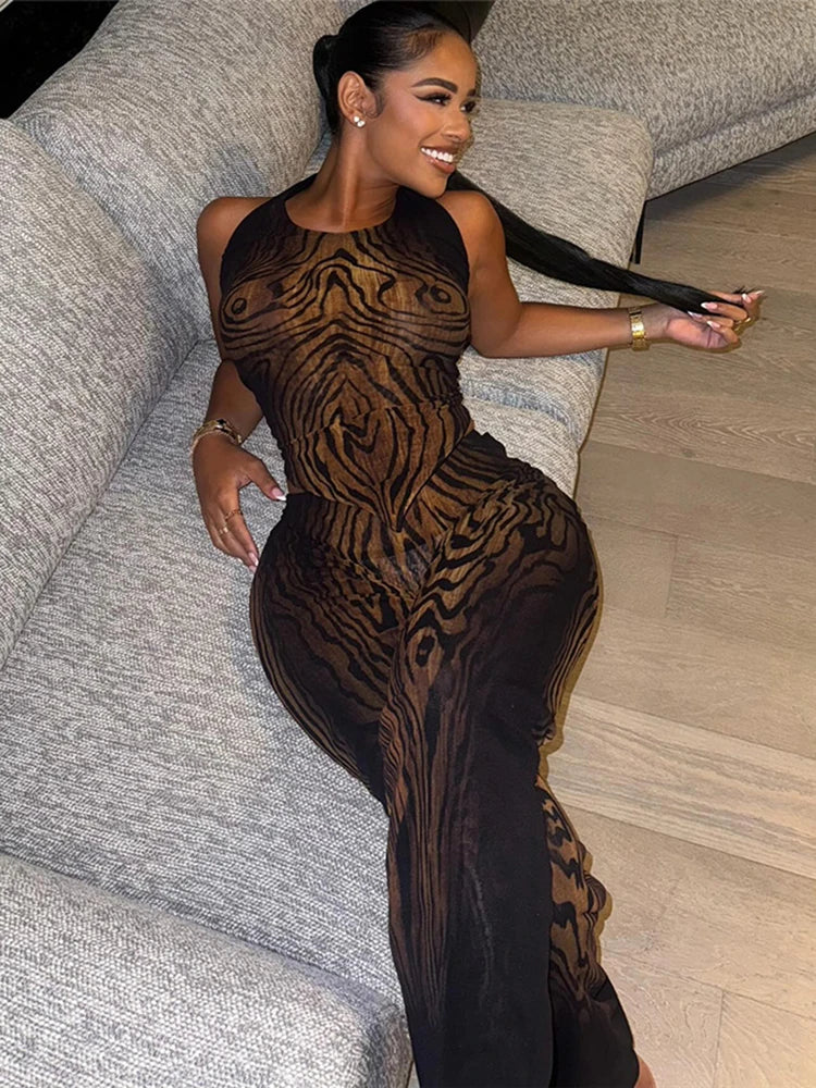 Stripe Print Women 2 Piece Set coquette See Through Hipster Full Sleeve Crop Tops+Straight Pants Matching Clubwear