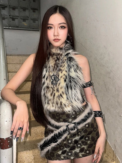 Hottie Leopard Tassel Tank Tops Women Sexy Furry Patchwork Halter Sleeveless Stretch Coquette Midnight Party Clubwear