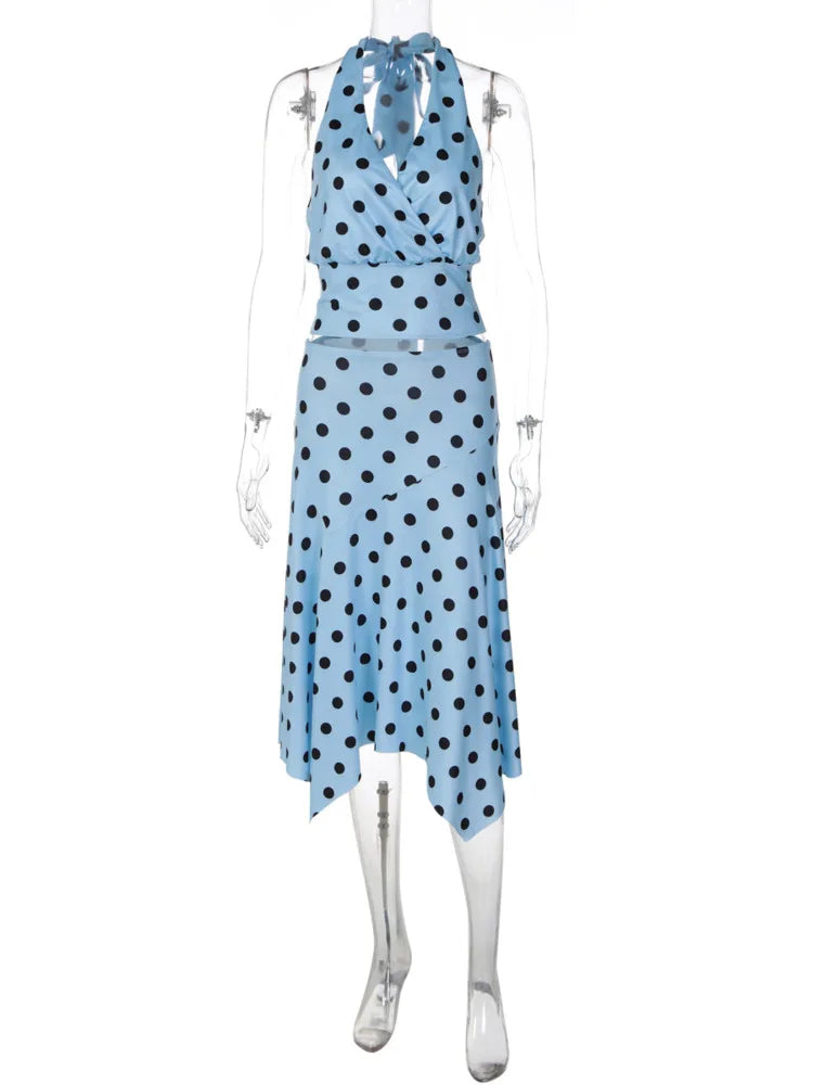 Polka Dot Sexy Two Piece Set Women Halter V Neck Crop Top And Midi Skirt Matching Sets Female Bodycon Club Dress Set