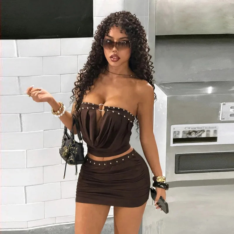 Sexy 2 Pieces Set for Woman Skirt and Top Summer Rave Outfits Festival Woman Club Wear Coord Set